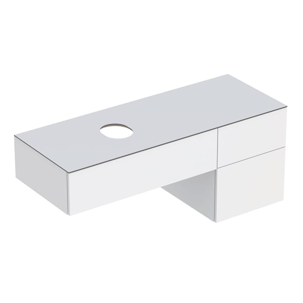 GEBERIT VariForm Unterschrank für Aufsatzwaschtisch, mit drei Schubladen, Ablagefläche und Geruchsverschluss #501.189.00.1 - Korpus und Front: weiß / lackiert hochglänzend Deckplatte: weiß / melaminbeschichtet matt