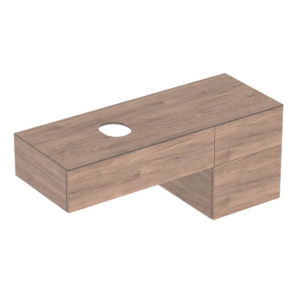 GEBERIT VariForm Unterschrank für Aufsatzwaschtisch, mit drei Schubladen, Ablagefläche und Geruchsverschluss #501.192.00.1 - Korpus und Front: Nussbaum hickory / Melamin Holzstruktur Deckplatte: Nussbaum hickory / Melamin Holzstruktur