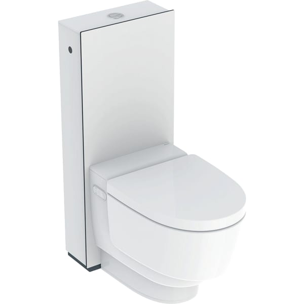GEBERIT AquaClean Mera Classic komple WC sistemi Yer tipi WC WC seramik: beyaz / KeraTect tasarım kapak: beyaz Ön panel: beyaz cam Yan paneller: Yüksek basınçlı laminat beyaz #146.240.SI.1 resmi