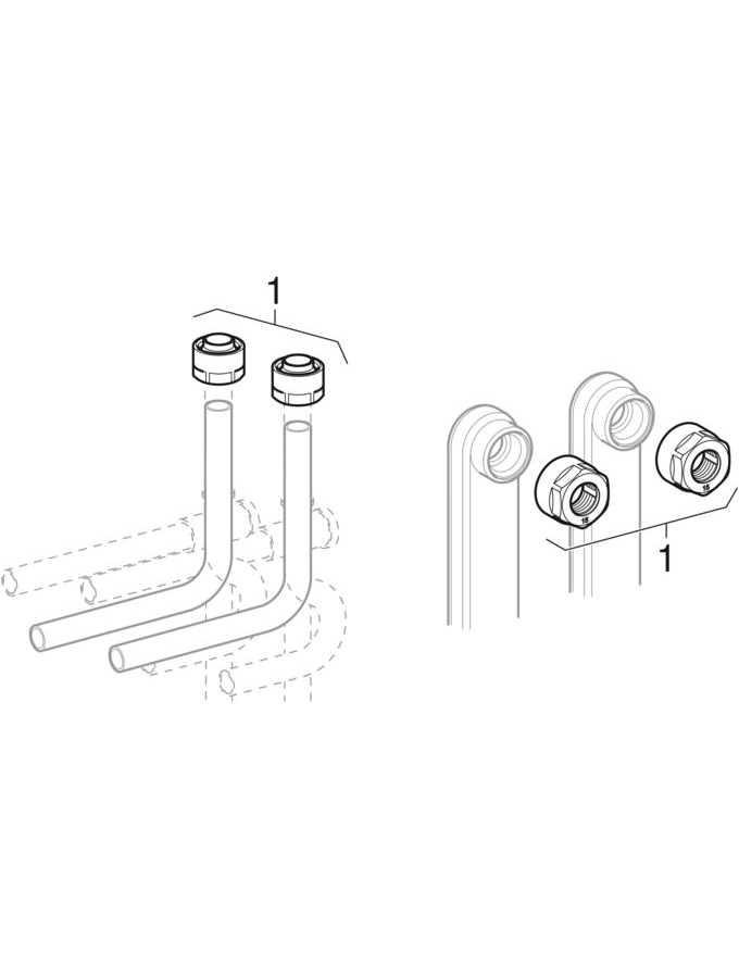 Picture of GEBERIT Mepla set of connector end pieces for inlet and return flow, with union connector for Euro cone #611.363.22.7