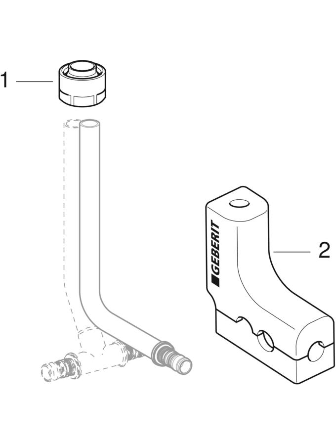 Obrázek GEBERIT Připojovací koleno Geberit Mepla z kovové trubky 90° s izolačním boxem a přechodkou k připojení na Eurokonus #611.250.22.7