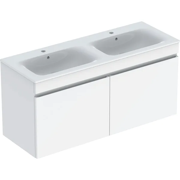 Picture of GEBERIT Renova Plan set of double vanity basin, slim rim, with cabinet, two drawers and two internal drawers Body and front: light hickory / textured foil Washbasin: white #501.918.00.1