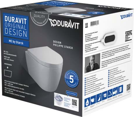 DURAVIT Toilet set wall-mounted Compact 453009 Design by Philippe Starck #45300900A1 - © Color 00, Toilet seat: 0020190000, Lid colour: White High Gloss, Removable Seat, Automatic close, Packaging dimensions: 400x445x520 mm 370 x 480 mm resmi
