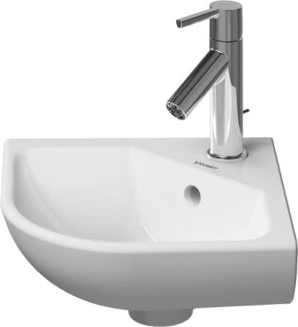 Bild von DURAVIT Eck-Handwaschbecken 072243 Design by Philippe Starck #0722430000 - p Farbe 00, Weiß Hochglanz, Halbrund, Anzahl Waschplätze: 1 Mitte, Anzahl Hahnlöcher pro Waschplatz: 1 Mitte 435 x 380 mm