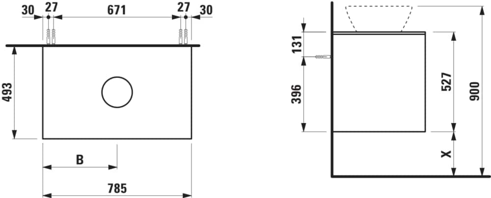Obrázek LAUFEN LANI Zásuvkový element 800, se 2 zásuvkami, s výřezem uprostřed, top 12 mm 785 x 495 x 525 mm #H4043111122601 - 260 - Bílá mat