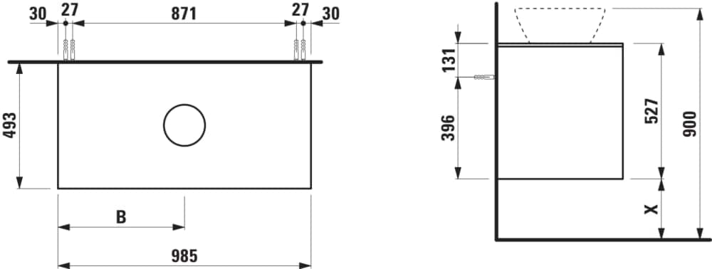 Obrázek LAUFEN LANI Zásuvkový element 1000, se 2 zásuvkami, s výřezem uprostřed, top 12 mm 985 x 495 x 525 mm #H4043211122601 - 260 - Bílá mat
