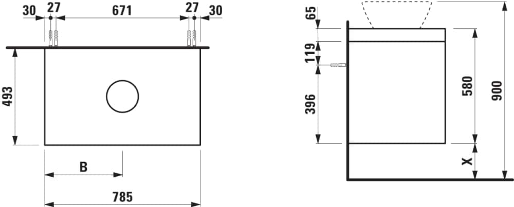 Obrázek LAUFEN LANI Modulární sestava 800, umyvadlová deska 65 mm (.260 bílá mat), s výřezem uprostřed, se 2 zásuvkami 785 x 495 x 580 mm #H4045511122611 - 261 - Bílá lesklá