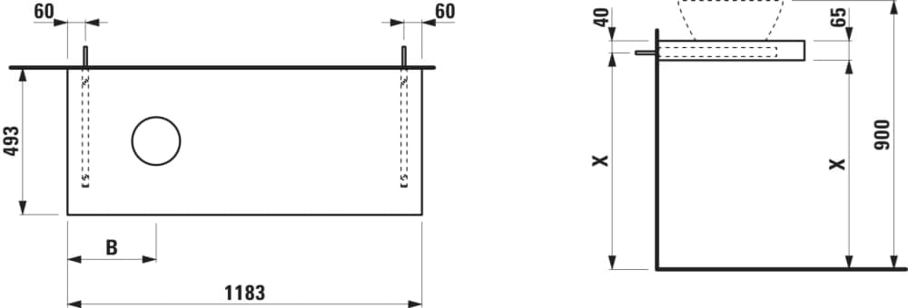 Obrázek LAUFEN LANI Umyvadlová deska 1200, s výřezem vlevo, tloušťka: 65 mm, vč. 2 nástěnných držáků 1185 x 495 x 65 mm #H4046721122671 - 267 - Divoký dub
