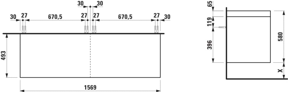 Obrázek LAUFEN LANI Modulární sestava 1600, umyvadlová deska 65 mm (.260 bílá mat), bez výřezu, se 4 zásuvkami: zásuvkový element 800 + zásuvkový element 800 1570 x 495 x 580 mm #H4045901129991 - 999 - Multicolour