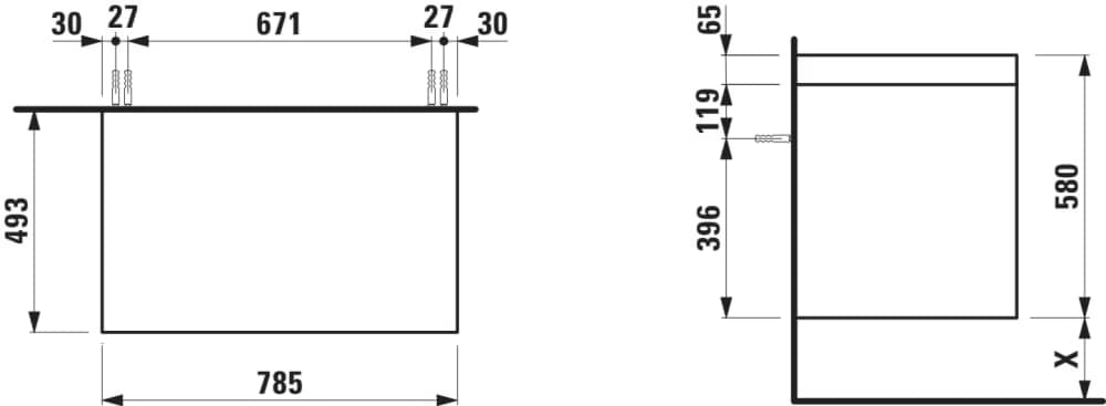 Obrázek LAUFEN LANI Modulární sestava 800, umyvadlová deska 65 mm (.266 šedá traffic), bez výřezu, se 2 zásuvkami 785 x 495 x 580 mm #H4055501122671 - 267 - Divoký dub