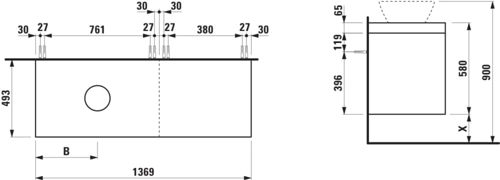 Obrázek LAUFEN LANI Modulární sestava 1400, umyvadlová deska 65 mm (.266 šedá traffic), s výřezem vlevo, se 4 zásuvkami: zásuvkový element 800 levý + zásuvkový element 600 pravý 1370 x 495 x 580 mm #H4055821122611 - 261 - Bílá lesklá