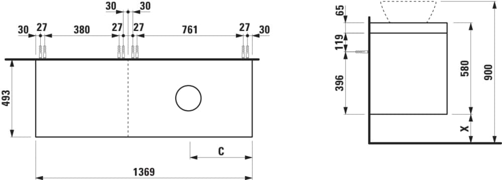 Зображення з  LAUFEN LANI Modular 1400, washbasin top 65 mm (.266 traffic grey), cut-out right, 4 drawers: Element 800 right + element 600 left 1370 x 495 x 580 mm _ 999 - Multicolour (lacquered) #H4055831129991 - 999 - Multicolour (lacquered)