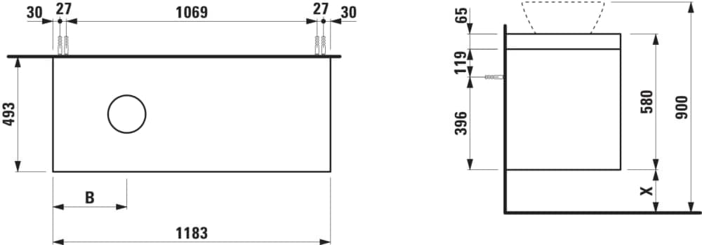 Obrázek LAUFEN LANI Modulární sestava 1200, umyvadlová deska 65 mm (.267 divoký dub), s výřezem vlevo, se 2 zásuvkami 1185 x 495 x 580 mm #H4065721122601 - 260 - Bílá mat