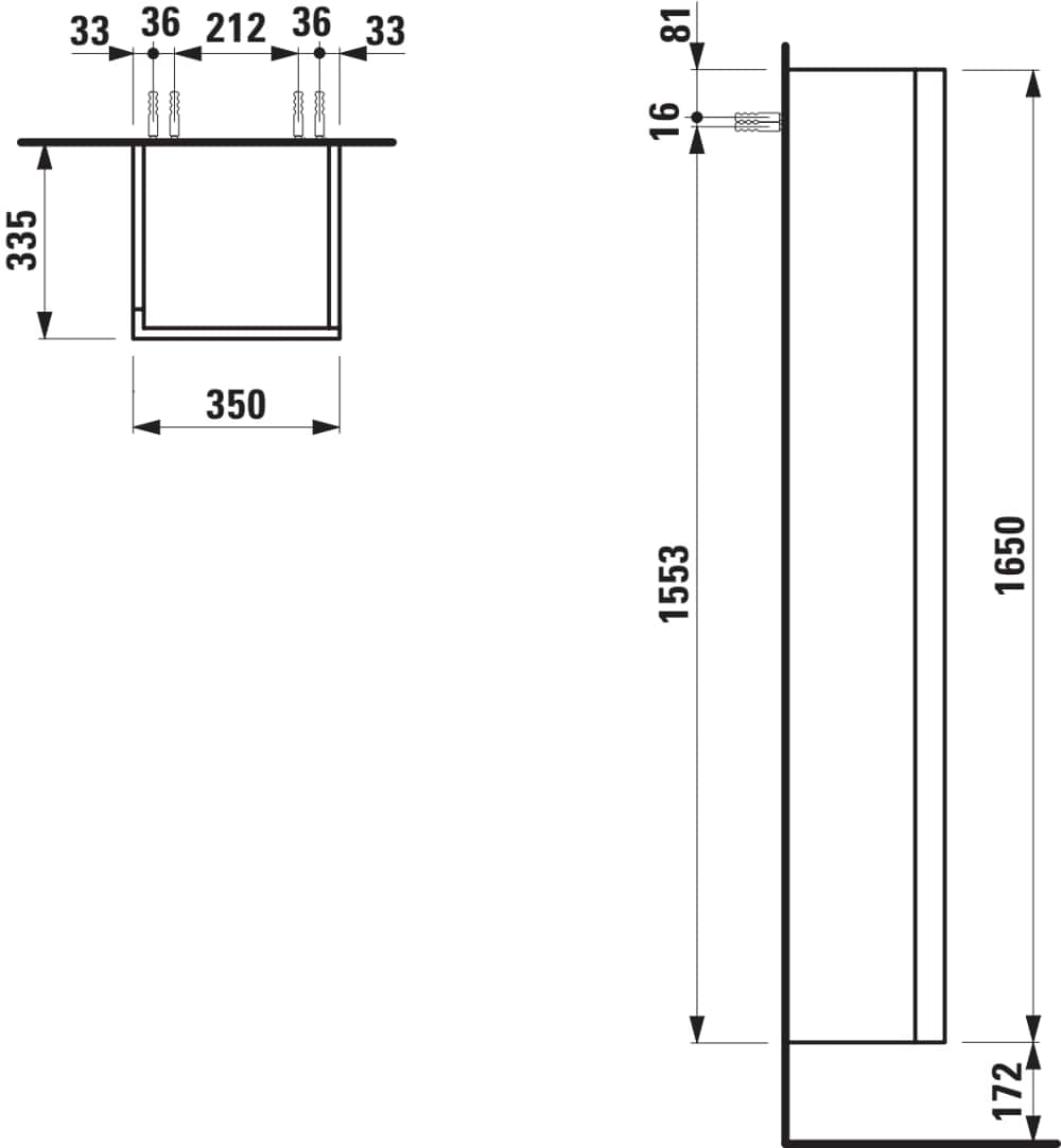 Bild von LAUFEN Kartell LAUFEN Hochschrank mit einer Tür, Scharnier rechts, 4 Glasablagen 350 x 335 x 1650 mm #H4082880336401 - 640 - Weiß matt