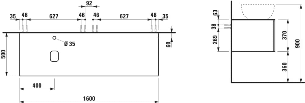 Obrázek LAUFEN ILBAGNOALESSI Zásuvkový element 1600, se 2 zásuvkami, s výřezem vlevo, s vrchní deskou Calce Avorio vč. otvoru pro baterii, pro umyvadlo H818974 1600 x 500 x 370 mm #H4313440976301 - 630 - Noce canaletto - Dřevěná dýha