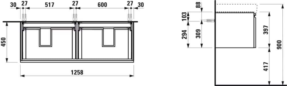 Obrázek LAUFEN PRO S Skříňka pod umyvadlo a systémem softclose, pro umyvadlo 814968, se dvěma zásuvkami 1260 x 450 x 390 mm #H4835710964801 - 480 - Grafit mat
