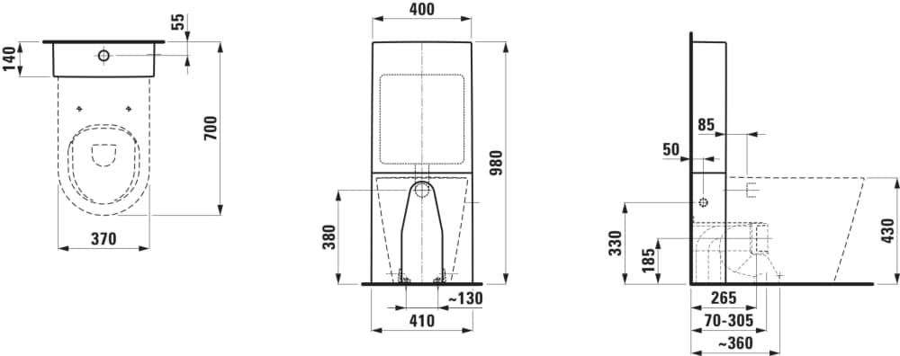 LAUFEN Kartell LAUFEN Floorstanding WC 'rimless', washdown, without flushing rim, outlet horizontal/vertical 560 x 370 x 430 mm #H8233370200001 - 020 - Black glossy resmi