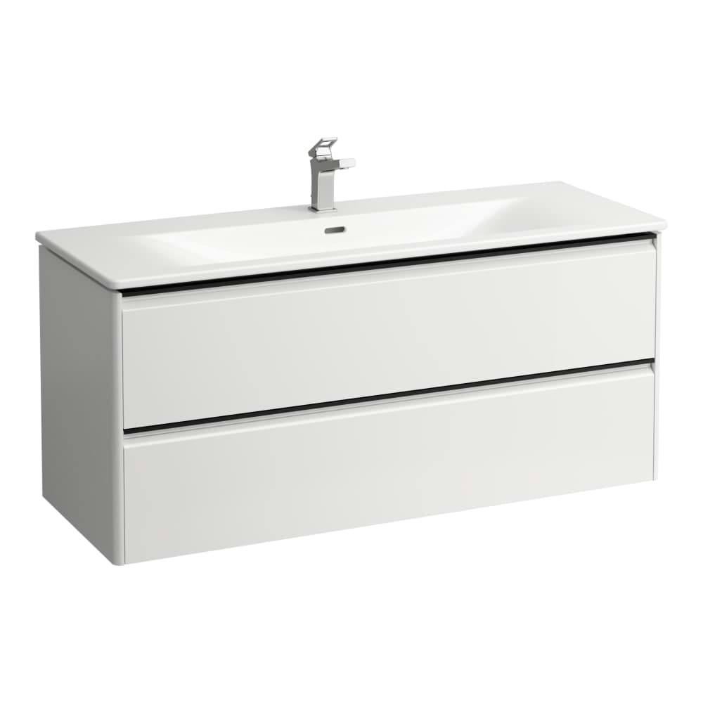 LAUFEN PALACE Komplettset 1200, Waschtisch "slim" mit Waschtischunterbau "Base" mit 2 Schubladen, Schwarzer Aluminium Griff, inkl. Schubladen Ordnungssystem, 1 Hahnloch 1200 x 450 x 545 mm #H8617092621041