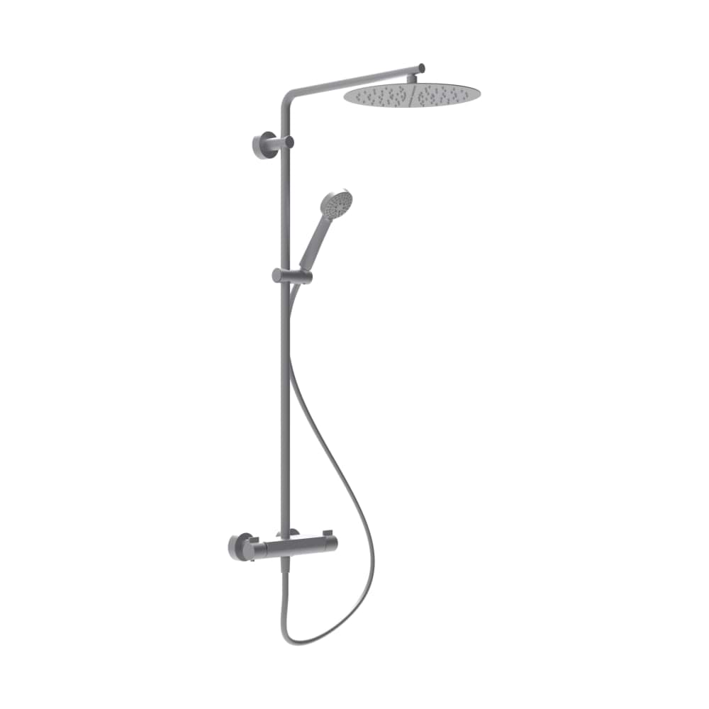 Picture of LAUFEN Vivid Vivid thermostatic shower station with shelf, connection dimension 150 mm, with rain shower Ø300 mm and hand shower Stella Ø80 3 spray types, PVD inox look #HF905452423630