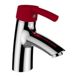 Bild von LAUFEN CURVEPRO Einhebel-Waschtischmischer, Ausladung 110 mm, Festauslauf, ohne Ablaufventil, mit rotem Griff #HF918570022001