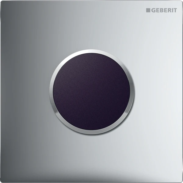Picture of GEBERIT urinal flush control with electronic flush actuation, mains operation, Type 10 cover plate Plate: brushed, easy-to-clean- coated Design ring: polished 116.025.SN.1