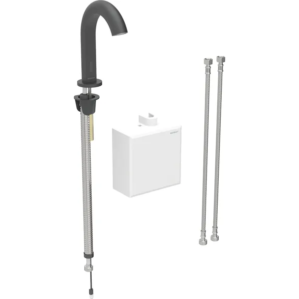 Picture of GEBERIT Piave basin mixer floor-mounted, battery-operated, with surface-mounted function box #116.168.SN.1 - Stainless steel / brushed finish, easy-to-clean coating