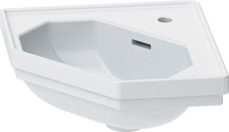 Зображення з  DURAVIT Corner Basin 079342 Design by Duravit #07934200001 - p Color 00, White High Gloss, Octogonal, Number of washing areas: 1 Middle, Number of faucet holes per wash area: 1 Middle 595 mm