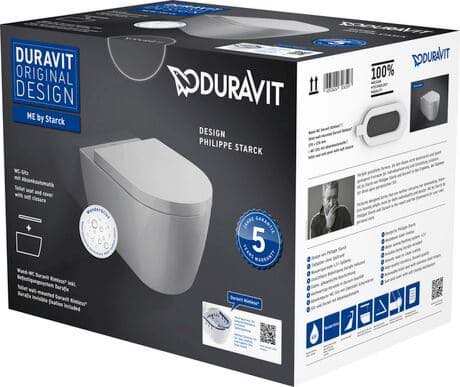 Зображення з  DURAVIT Toilet set wall-mounted 452909 Design by Philippe Starck #45290900A1 - © Color 00, Wall-mounted toilet: 2529090000, colour White High Gloss, Washdown model, Flushing rim: Rimless, Outlet drain horizontal, Concealed fixation, Flush water quantity: 4,5 l, Toilet seat: 0020090000, Lid colour: White High Gloss, Removable Seat, Automatic close, Packaging dimensions: 400x455x590 mm 373.5 x 570 m