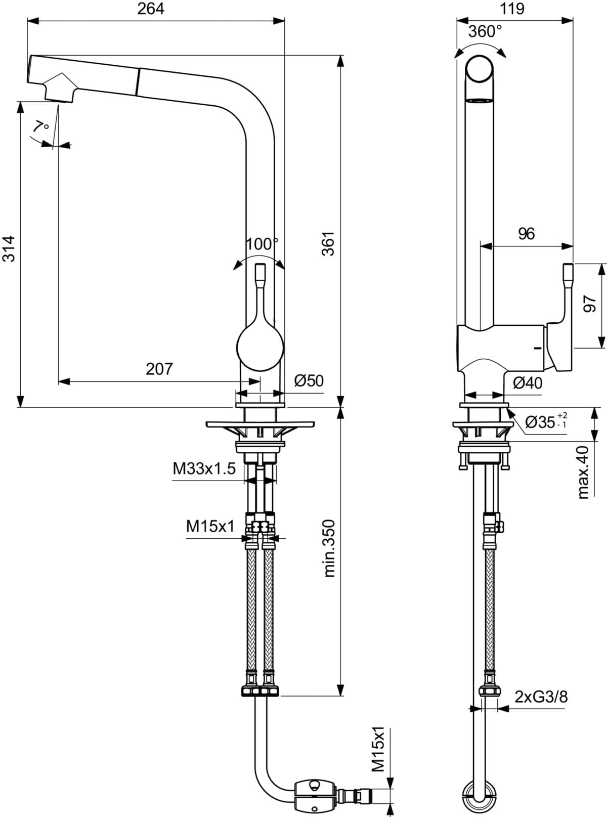 Bild von IDEAL STANDARD Ceralook Küchenarmatur hoher Auslauf mit 1-Funktionsbrause, Ausladung 207mm #BC176AA - Chrom