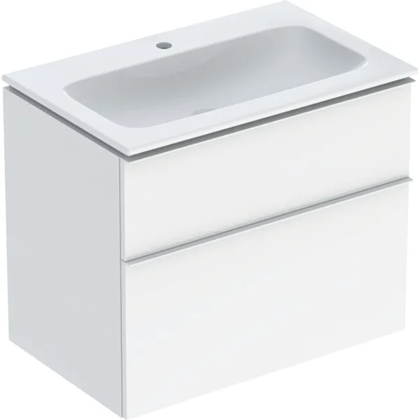 GEBERIT iCon Set furniture washbasin narrow rim, with vanity unit, two drawers and washbasin connection #502.335.JL.1 - Washbasin: white Body and front: sand-grey / high-gloss lacquered Handle: sand-grey / powder-coated matt resmi