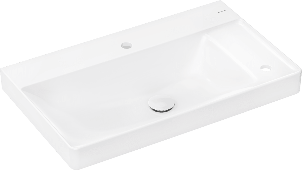Зображення з  HANSGROHE Xelu Q Countertop basin ground with shelf right 800/480 with 2 tap holes without overflow, SmartClean #61028450 - White