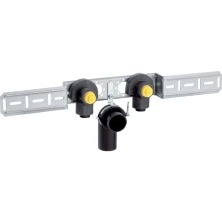 Picture of GEBERIT PushFit connection angle 90° pre-mounted, double, with drain pipe clamp and connection elbow #651.298.00.1