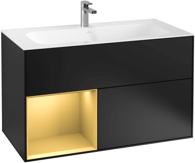 Bild von VILLEROY BOCH Finion Waschbeckenunterschrank, mit Beleuchtung, 2 Auszüge, 996 x 591 x 498 mm, Black Matt Lacquer / Gold Matt Lacquer #F030HFPD