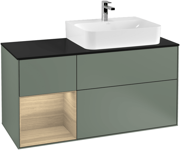 Picture of VILLEROY BOCH Finion Vanity unit, with lighting, 3 pull-out compartments, 1200 x 603 x 501 mm, Olive Matt Lacquer / Oak Veneer / Glass Black Matt #F142PCGM