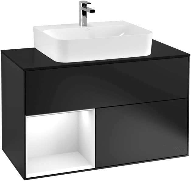 Зображення з  VILLEROY BOCH Finion Vanity unit, with lighting, 2 pull-out compartments, 1000 x 603 x 501 mm, Black Matt Lacquer / Glossy White Lacquer / Glass Black Matt #F112GFPD