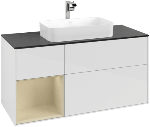 Obrázek VILLEROY BOCH Toaletní skříňka Finion, s osvětlením, 3 výsuvy, 1200 x 603 x 501 mm, lesklý bílý lak / hedvábně šedý matný lak / černé matné sklo #F292HJGF