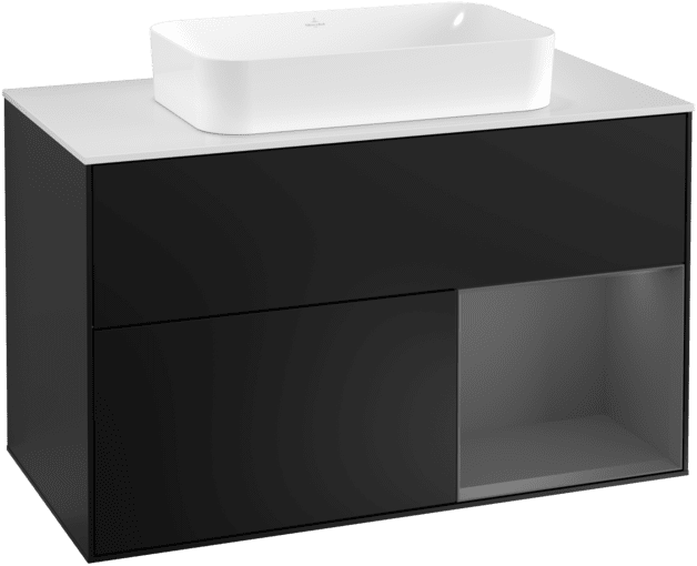Obrázek VILLEROY BOCH Toaletní skříňka Finion, s osvětlením, 2 výsuvy, 1000 x 603 x 501 mm, černý matný lak / antracitový matný lak / bílé matné sklo #F251GKPD