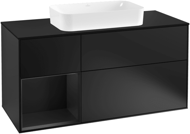 Obrázek VILLEROY BOCH Toaletní skříňka Finion, s osvětlením, 3 výsuvy, 1200 x 603 x 501 mm, černý matný lak / černý matný lak / černé matné sklo #F292PDPD