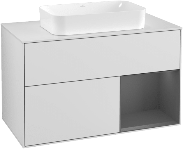Obrázek VILLEROY BOCH Toaletní skříňka Finion, s osvětlením, 2 výsuvy, 1000 x 603 x 501 mm, bílý matný lak / antracitový matný lak / bílé matné sklo #F251GKMT