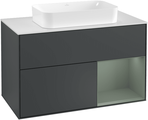 Picture of VILLEROY BOCH Finion Vanity unit, with lighting, 2 pull-out compartments, 1000 x 603 x 501 mm, Midnight Blue Matt Lacquer / Olive Matt Lacquer / Glass White Matt #F251GMHG