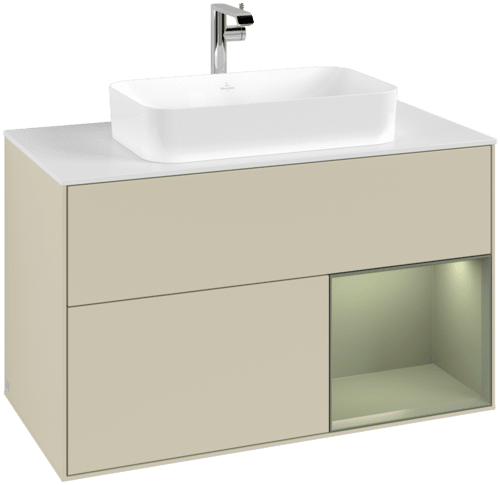 Obrázek VILLEROY BOCH Toaletní skříňka Finion, s osvětlením, 2 výsuvy, 1000 x 603 x 501 mm, hedvábně šedý matný lak / olivový matný lak / bílé matné sklo #F251GMHJ