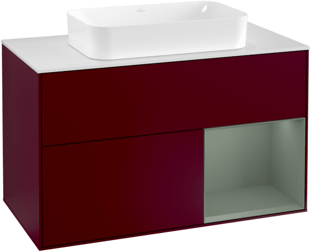 Obrázek VILLEROY BOCH Toaletní skříňka Finion, s osvětlením, 2 výsuvy, 1000 x 603 x 501 mm, Pivoňka matný lak / Olivový matný lak / Sklo bílé matné #F251GMHB