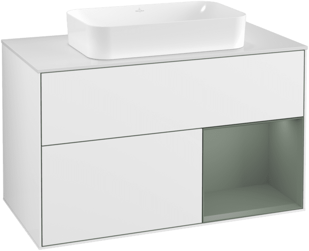 Obrázek VILLEROY BOCH Toaletní skříňka Finion, s osvětlením, 2 výsuvy, 1000 x 603 x 501 mm, lesklý bílý lak / olivově matný lak / sklo bílé matné #F251GMGF