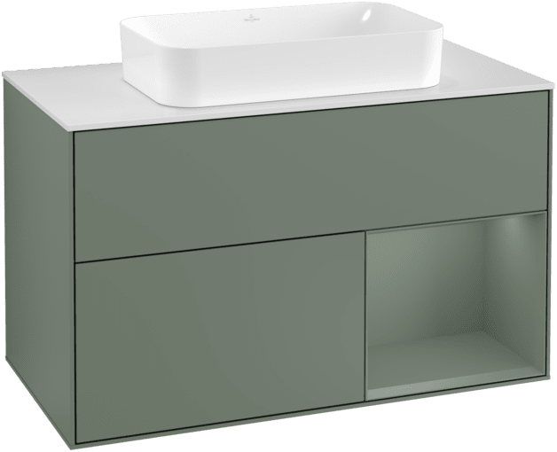 Obrázek VILLEROY BOCH Toaletní skříňka Finion, s osvětlením, 2 výsuvy, 1000 x 603 x 501 mm, olivově matný lak / olivově matný lak / sklo bílé matné #F251GMGM