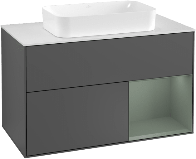 Obrázek VILLEROY BOCH Toaletní skříňka Finion, s osvětlením, 2 výsuvy, 1000 x 603 x 501 mm, antracitový matný lak / olivový matný lak / bílé matné sklo #F251GMGK