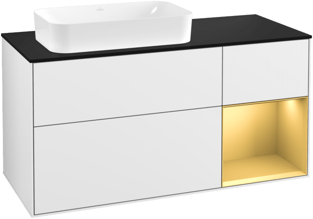 Obrázek VILLEROY BOCH Toaletní skříňka Finion, s osvětlením, 3 výsuvy, 1200 x 603 x 501 mm, lesklý bílý lak / zlatý matný lak / černé matné sklo #F282HFGF
