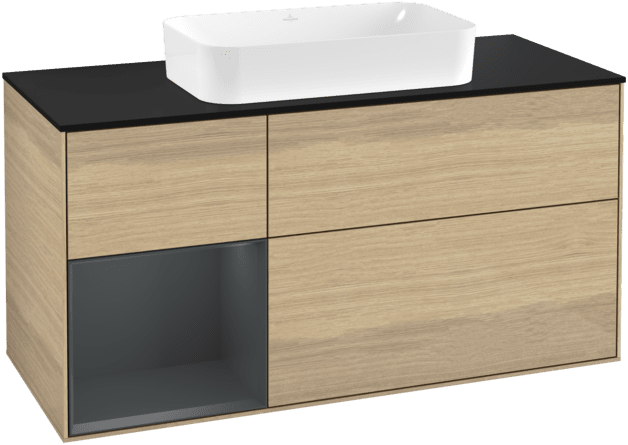 Picture of VILLEROY BOCH Finion Vanity unit, with lighting, 3 pull-out compartments, 1200 x 603 x 501 mm, Oak Veneer / Midnight Blue Matt Lacquer / Glass Black Matt #F292HGPC