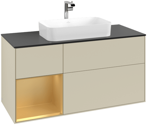 Picture of VILLEROY BOCH Finion Vanity unit, with lighting, 3 pull-out compartments, 1200 x 603 x 501 mm, Silk Grey Matt Lacquer / Gold Matt Lacquer / Glass Black Matt #F292HFHJ