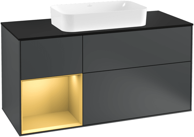 Picture of VILLEROY BOCH Finion Vanity unit, with lighting, 3 pull-out compartments, 1200 x 603 x 501 mm, Midnight Blue Matt Lacquer / Gold Matt Lacquer / Glass Black Matt #F292HFHG