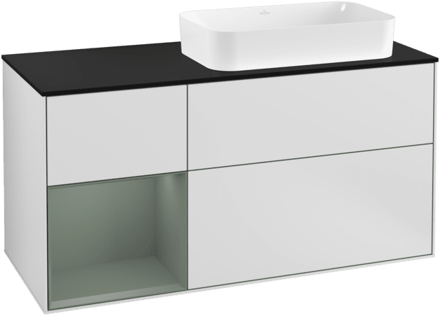 Picture of VILLEROY BOCH Finion Vanity unit, with lighting, 3 pull-out compartments, 1200 x 603 x 501 mm, White Matt Lacquer / Olive Matt Lacquer / Glass Black Matt #F272GMMT